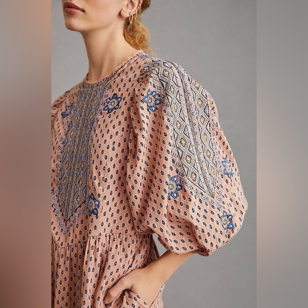 NWT By Anthropologie Embroidered Tunic Mini Dress in Peach Size Small. - Picture 12 of 14